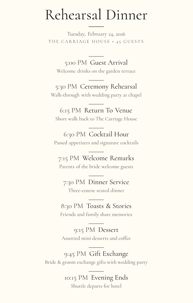 Example rehearsal dinner timeline created with EventRundown