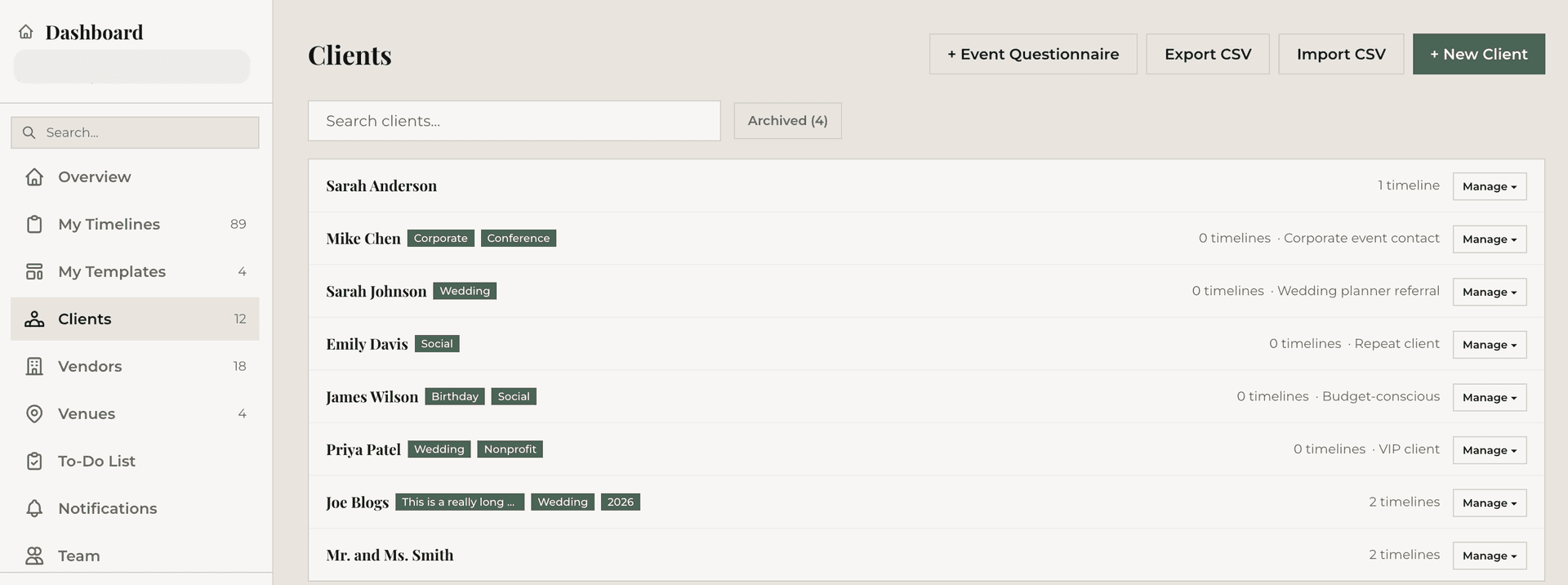 Client management dashboard