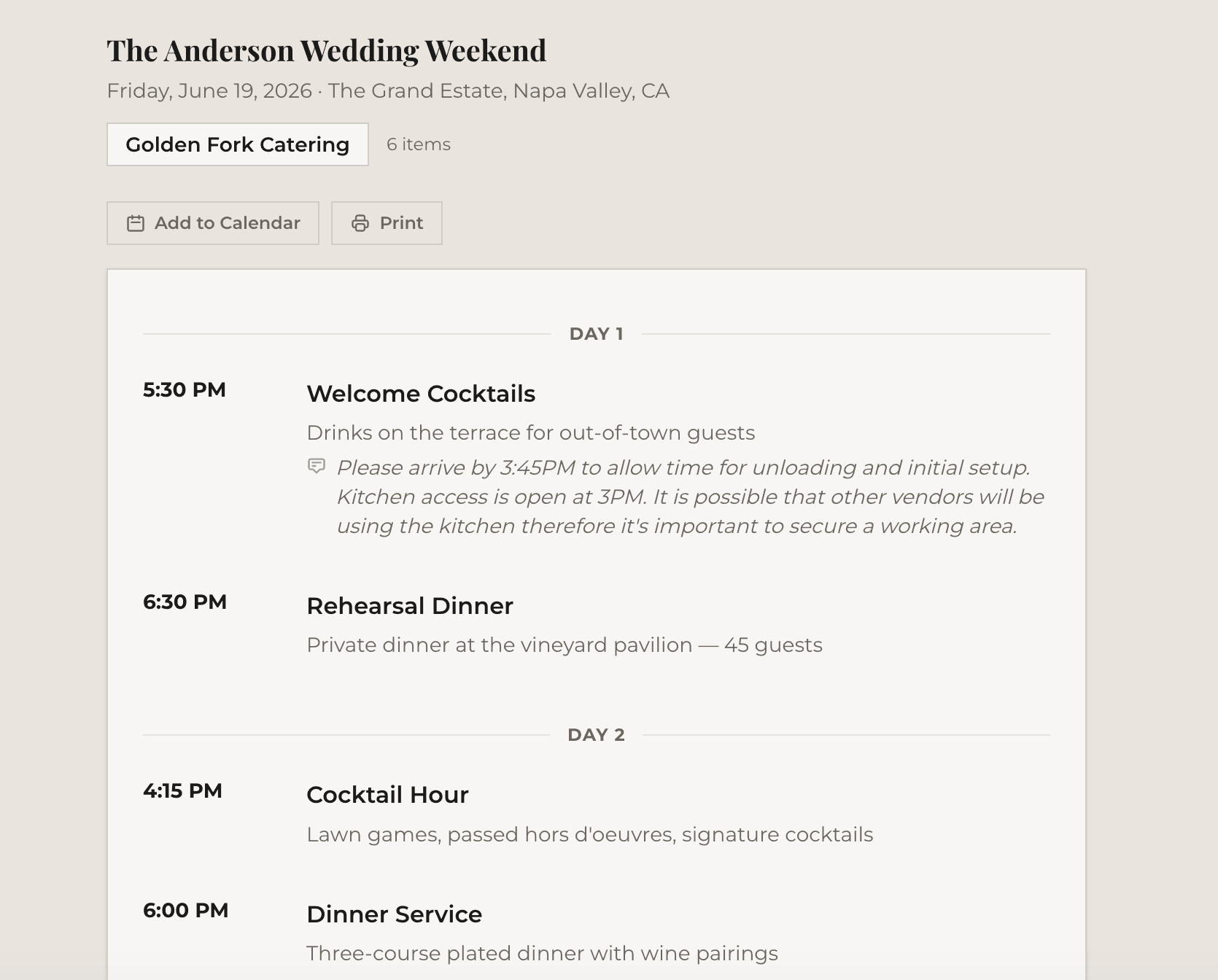 Per-vendor filtered timeline link