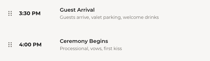 Timeline items with drag handles visible on the left side for reordering