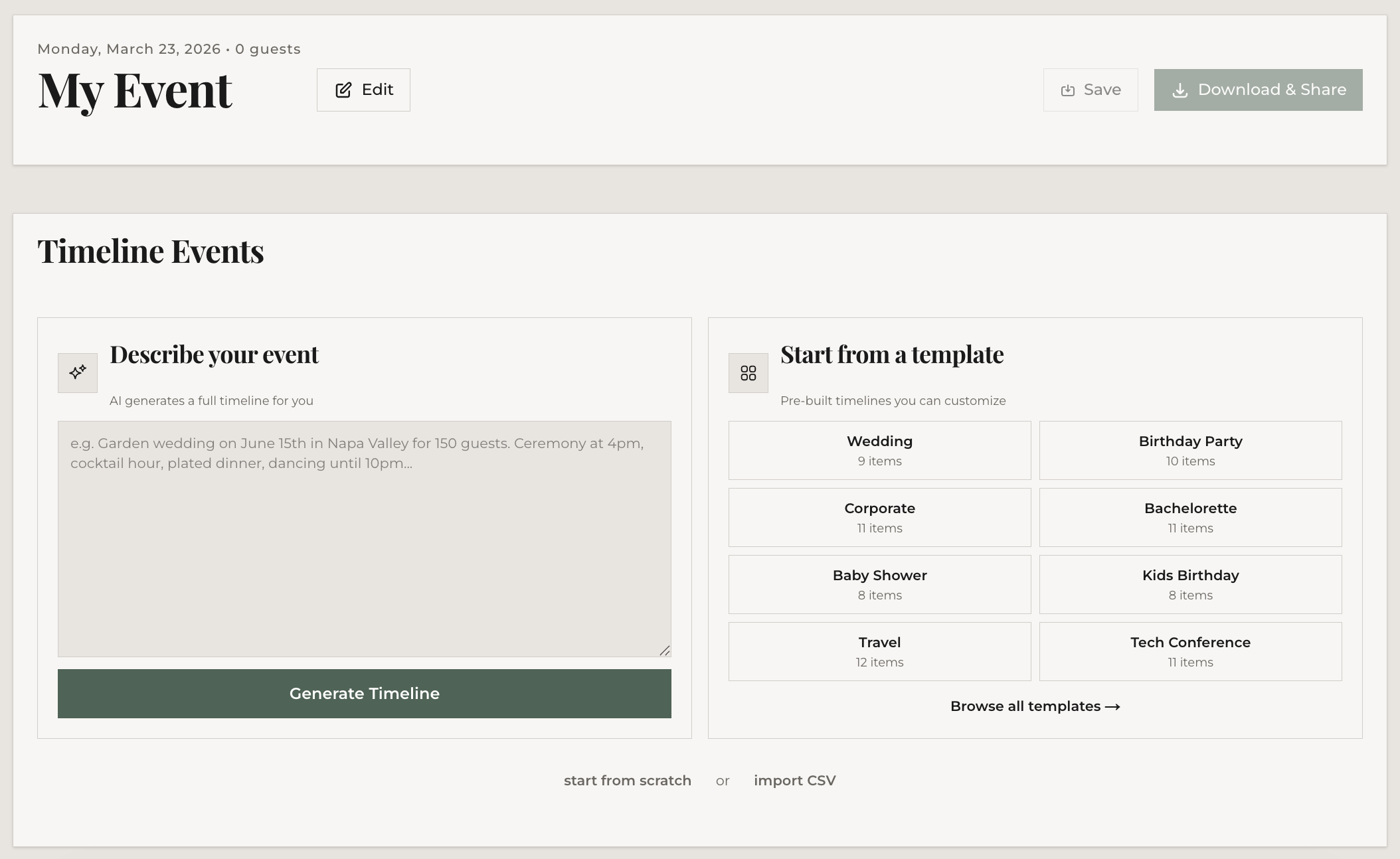 The EventRundown editor showing the Describe your event and Start from a template options