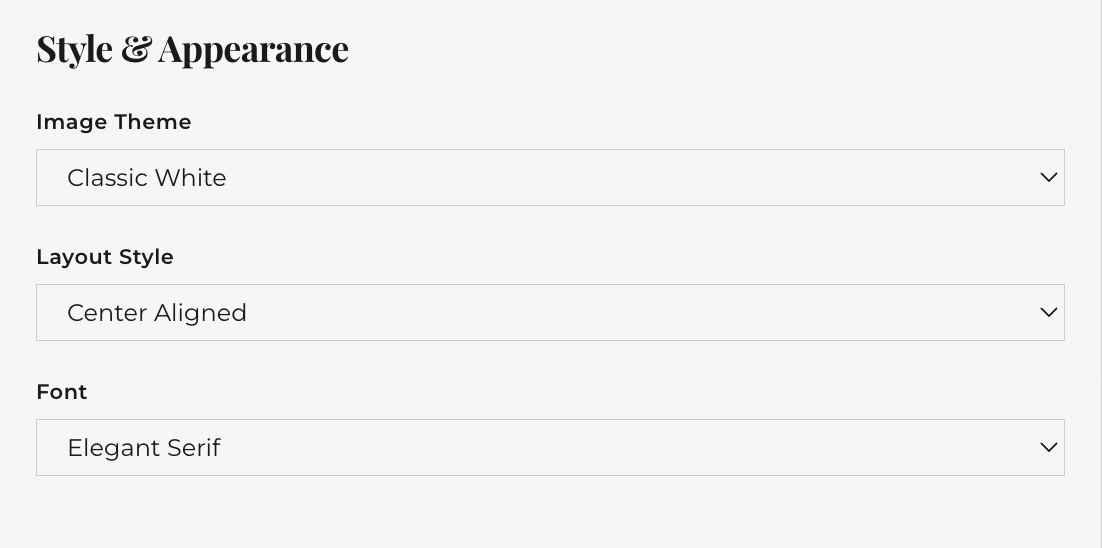 Style & Appearance panel showing Image Theme, Layout Style, and Font dropdowns