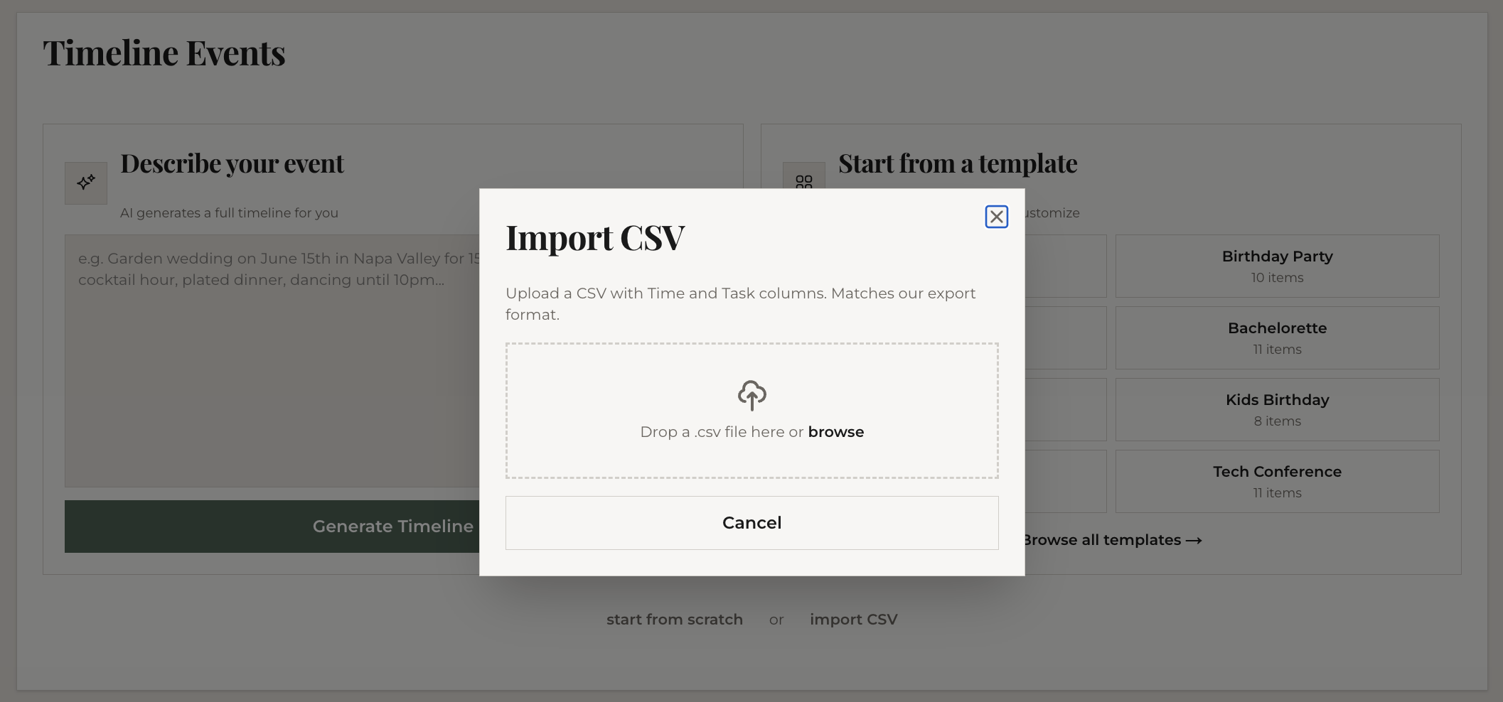 CSV import dialog in the editor