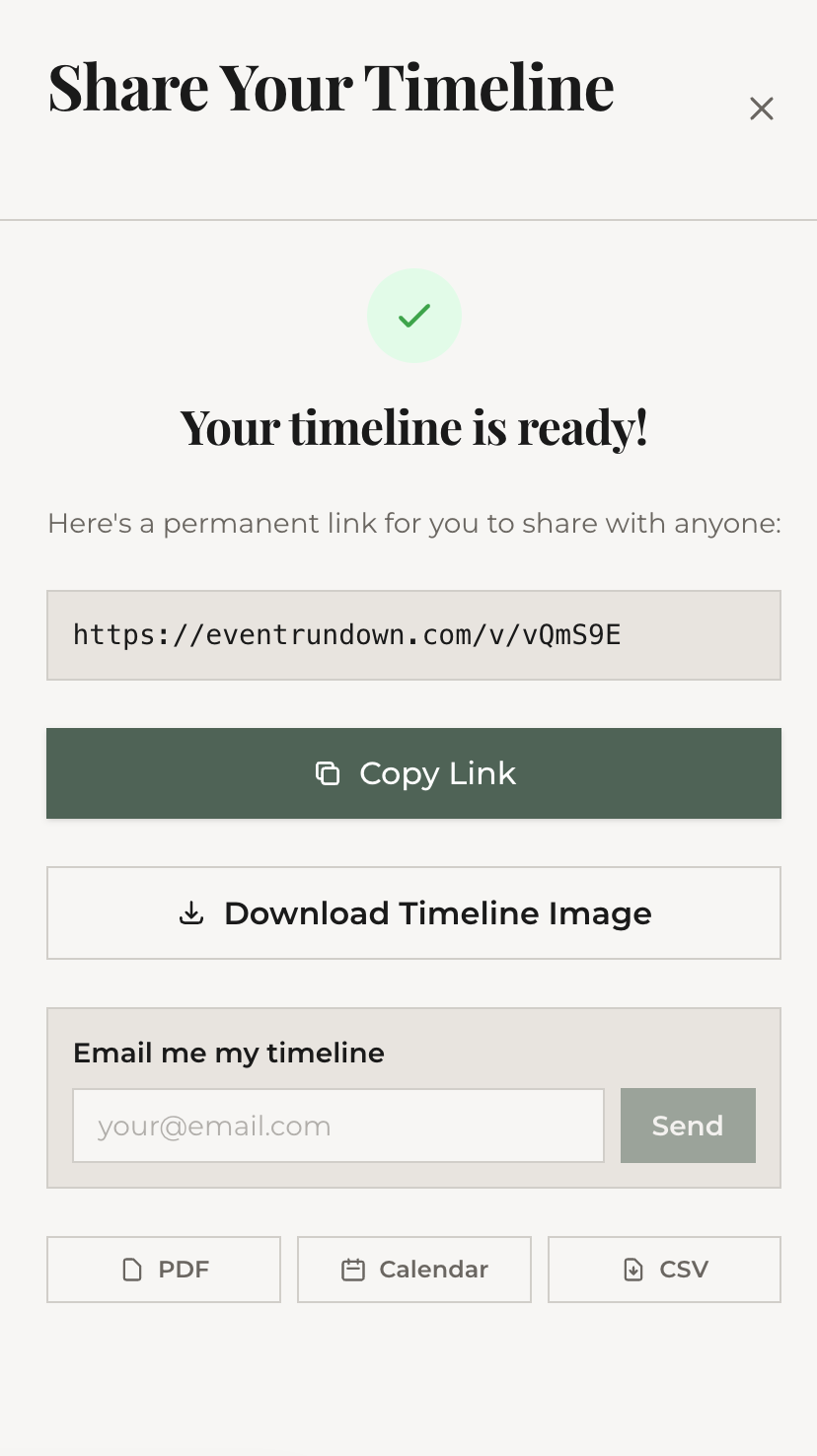 The Publish modal showing share link, download, and export options