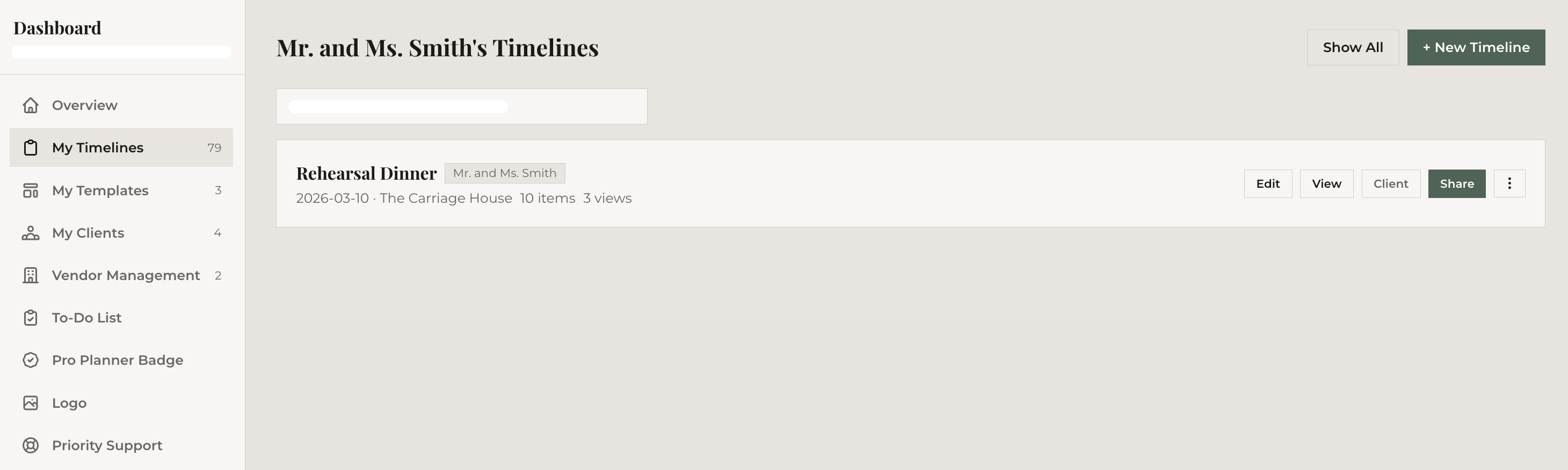 Client timelines filtered view