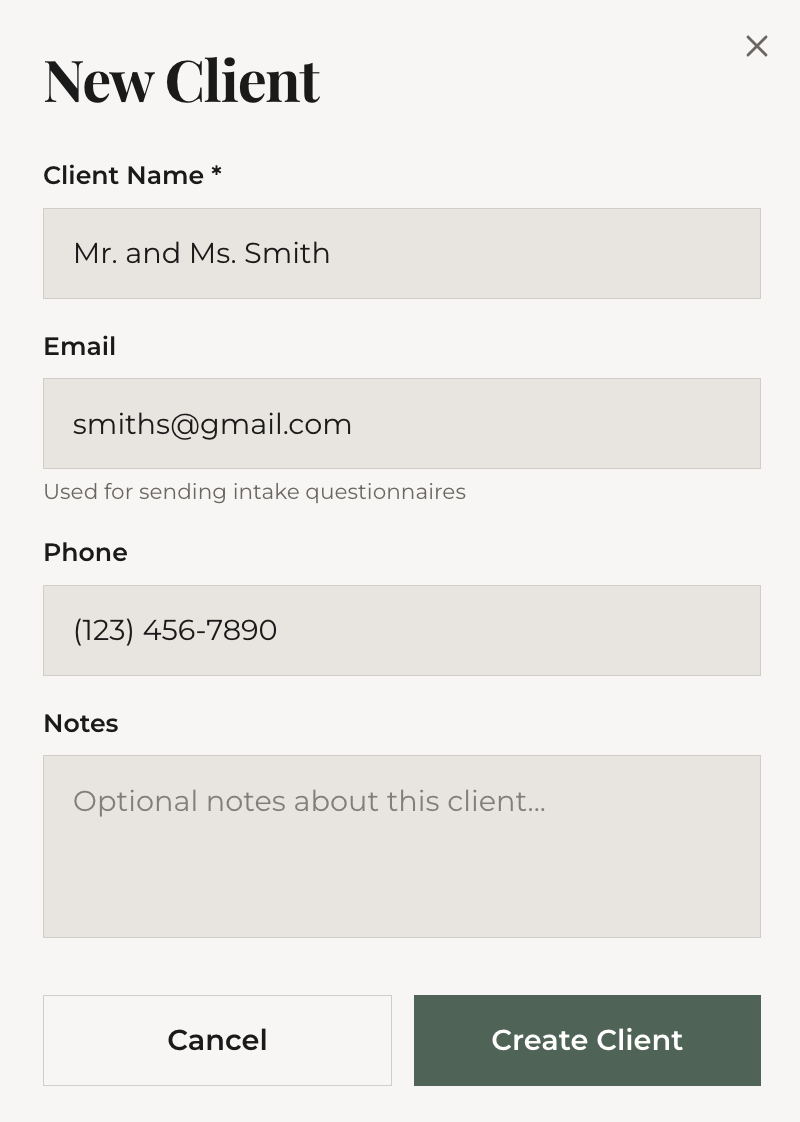 New Client modal with name and email fields