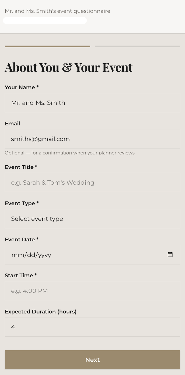 Client questionnaire step 1