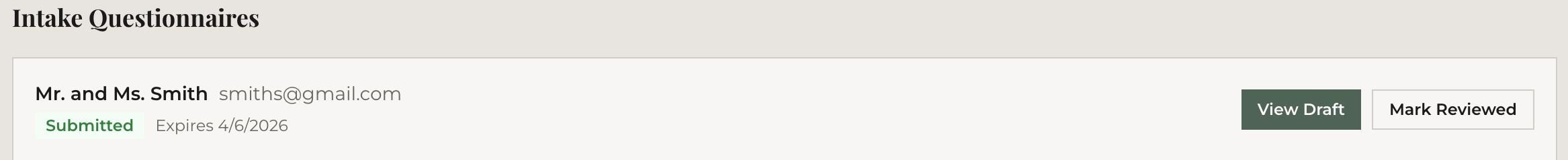 View Draft and Mark Reviewed buttons on submitted questionnaire