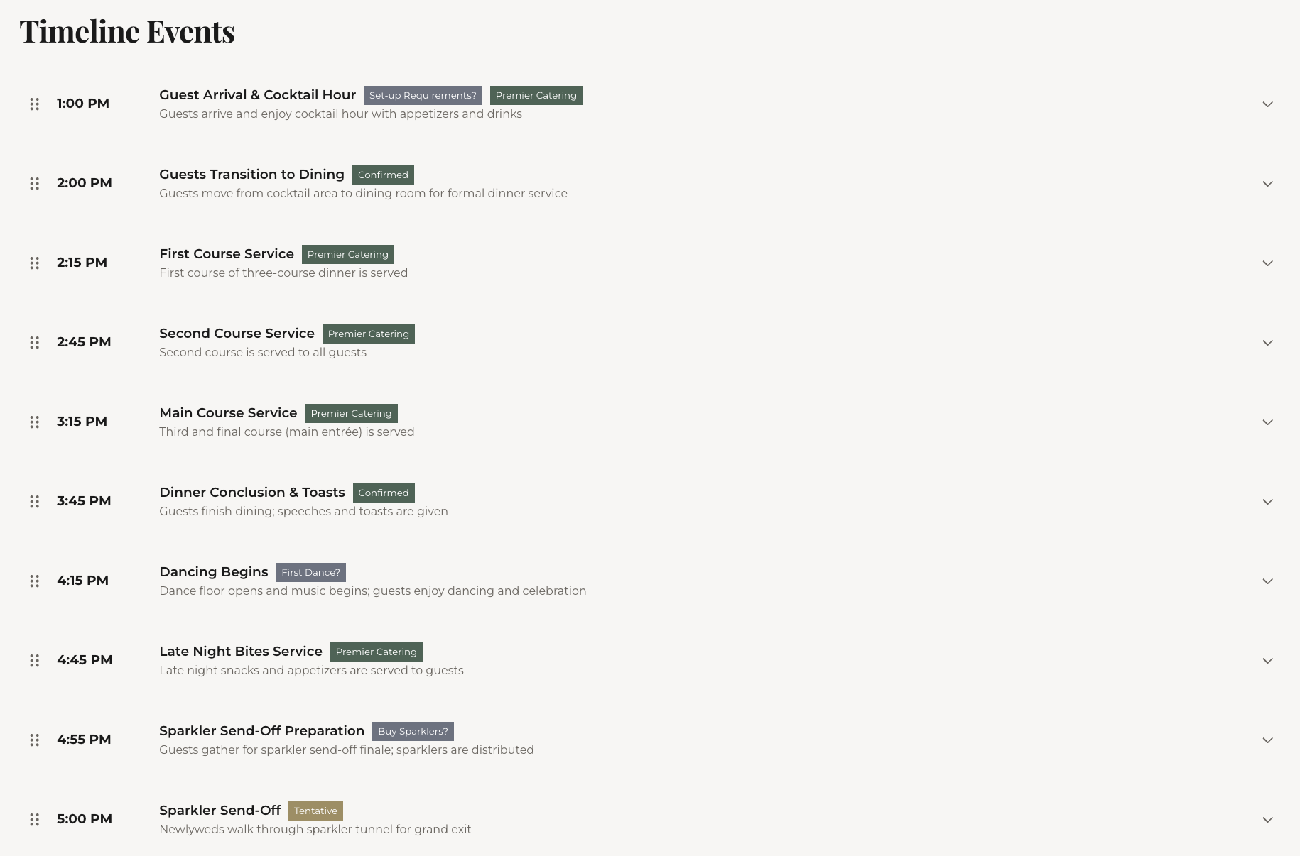 Timeline items with preset and custom tags displayed as colored badges