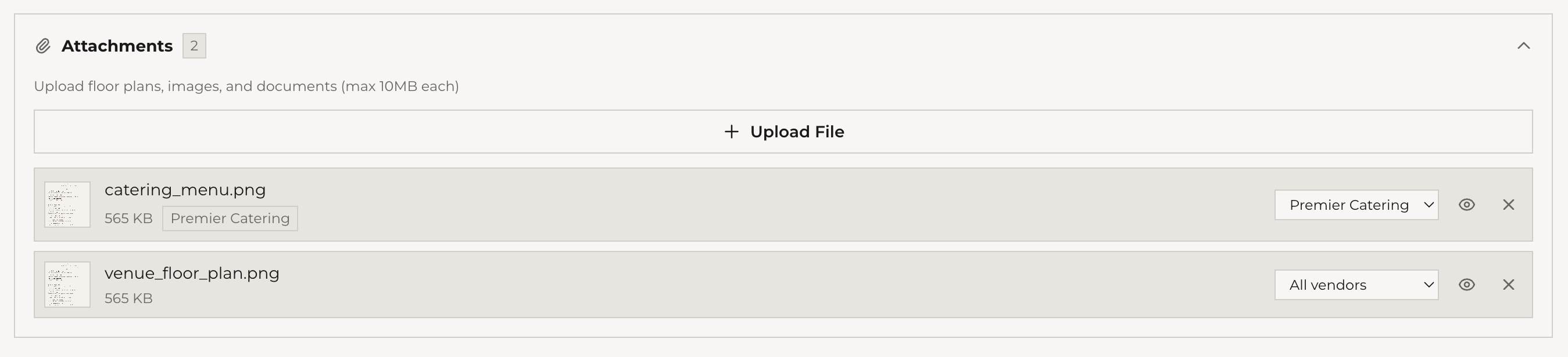 Attachments section with vendor assignment dropdown