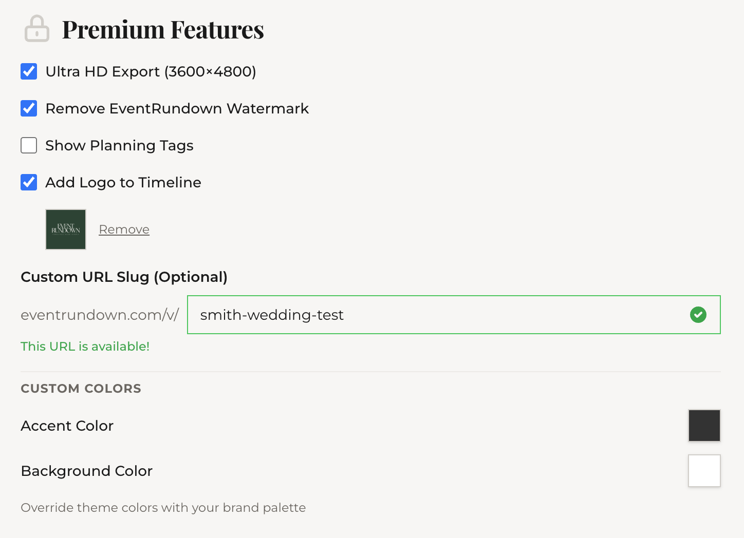 The Design & Export tab showing logo, color, and font customization options