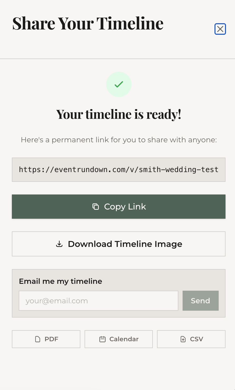 The Share modal with download, email, and export options
